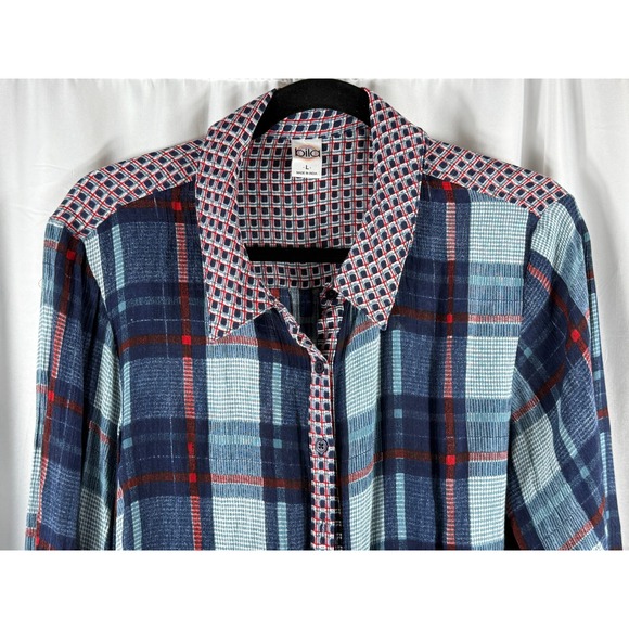 Bila Women's Plaid Long Sleeve Button Up Shirt Ruffle Trim Blue Red Large - Picture 2 of 8